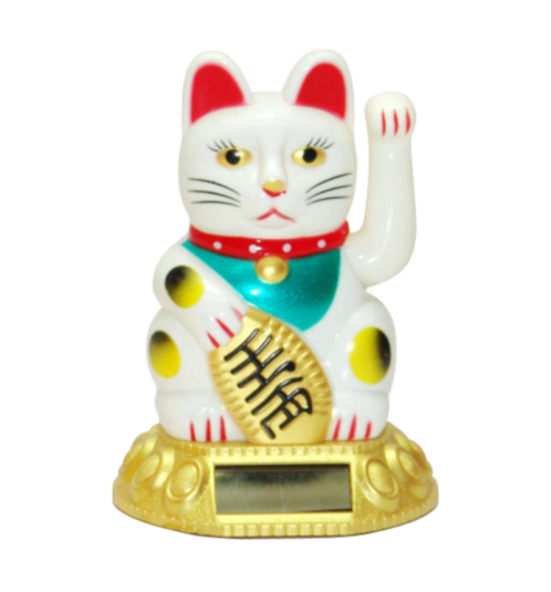 Maneki Neko animé 100% solaire sur socle de lingots BLANC h10cm (Bonheur)