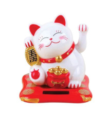 Maneki Neko animé 100% solaire Bourse de lingots BLANC sur un coussin rouge h7cm (Bonheur)
