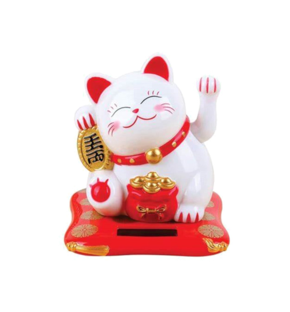 Maneki Neko animé 100% solaire Bourse de lingots BLANC sur un coussin rouge h7cm (Bonheur)