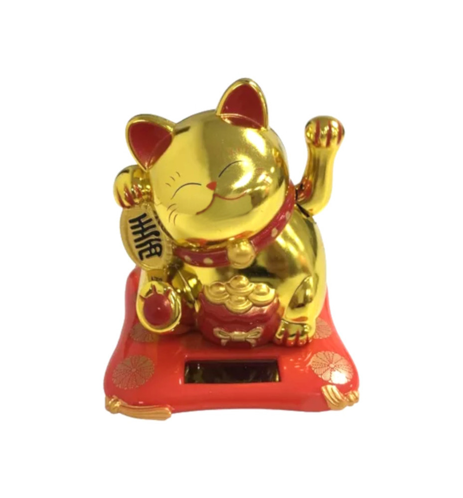 Maneki Neko animé 100% solaire Bourse de lingots DORé sur un coussin rouge h7cm (Richesse)