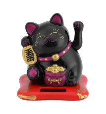 Maneki Neko animé 100% solaire Bourse de lingots NOiR sur un coussin rouge h7cm (Chance)