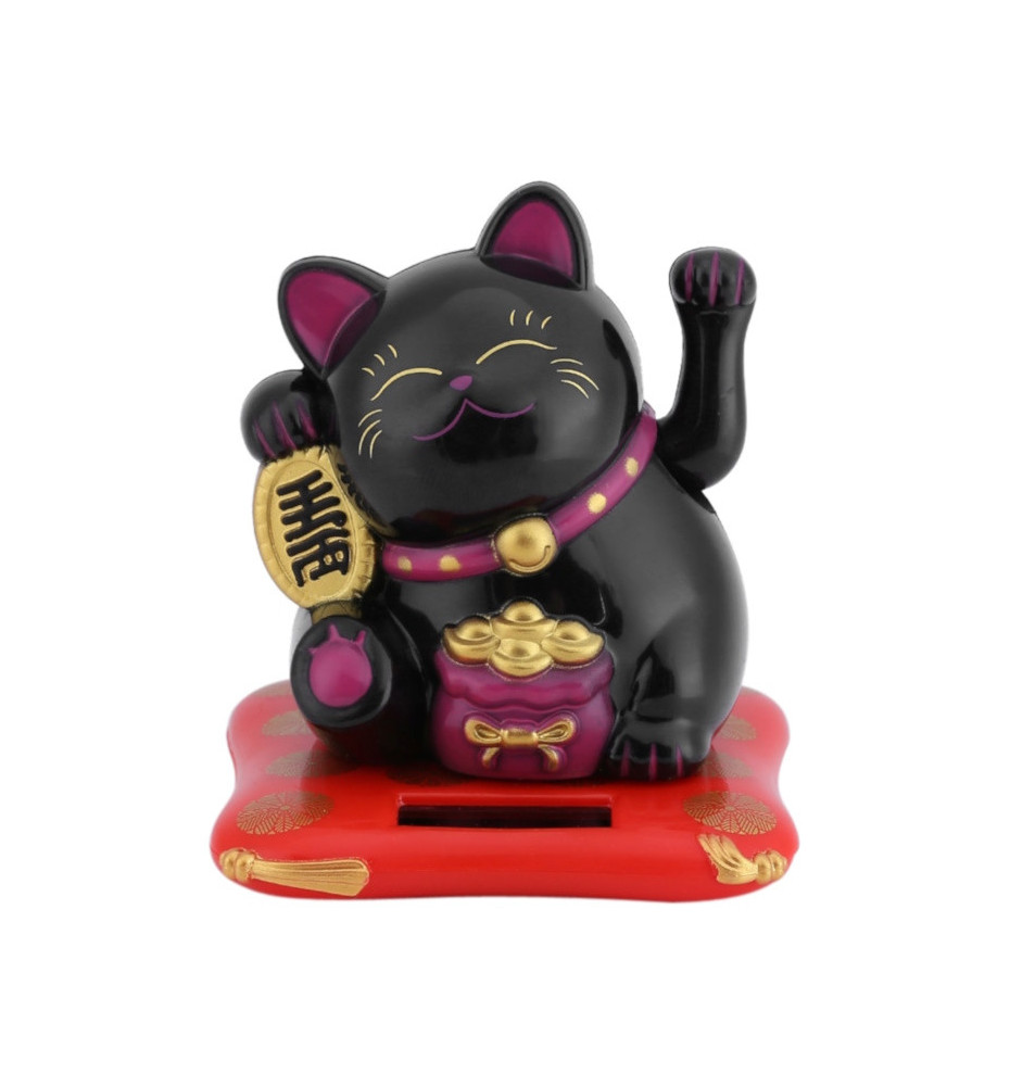 Maneki Neko animé 100% solaire Bourse de lingots NOiR sur un coussin rouge h7cm (Chance)