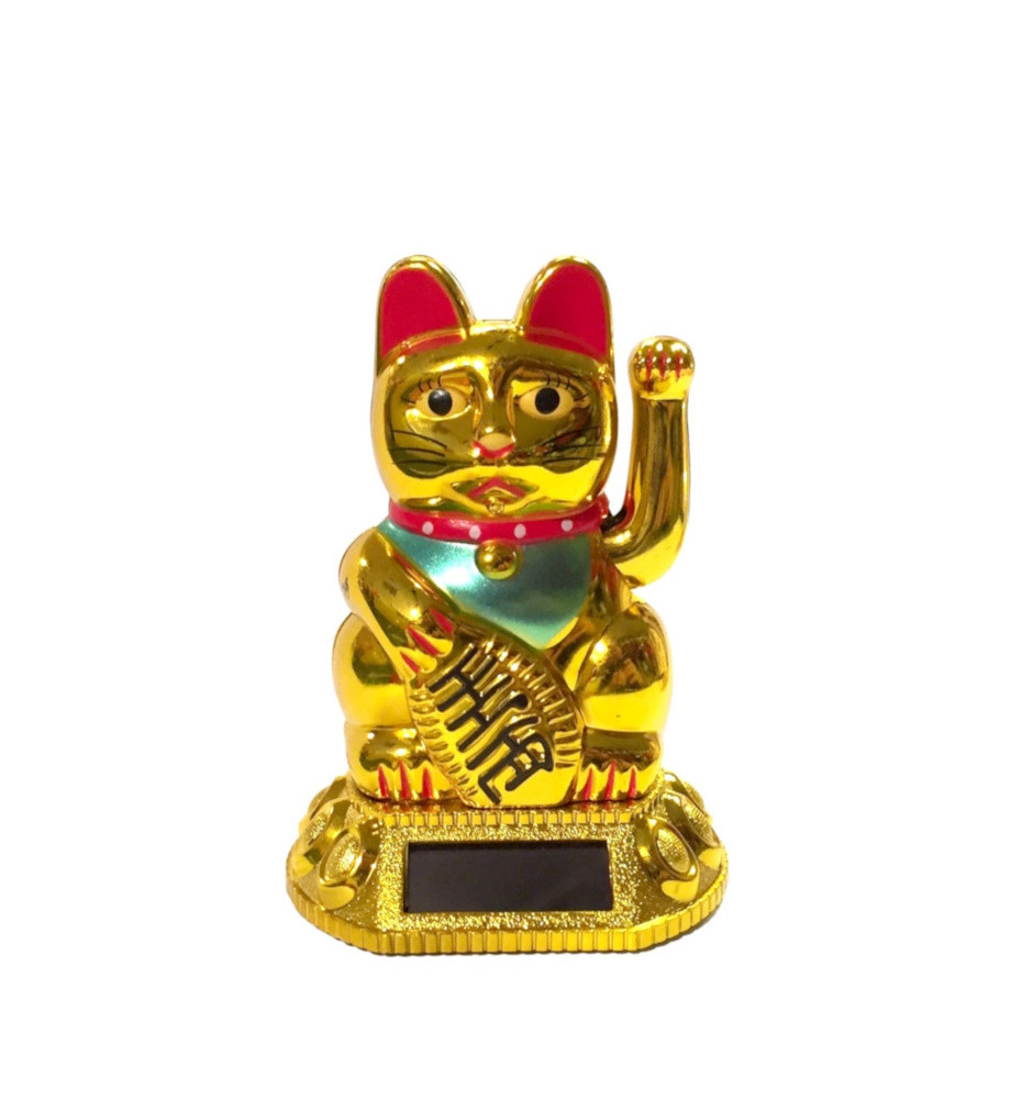 Maneki Neko animé 100% solaire sur socle de lingots DORé h8cm (Richesse)