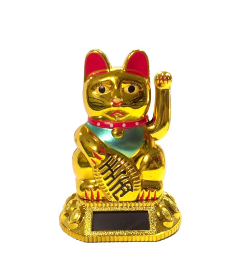 Maneki Neko animé 100% solaire sur socle de lingots DORé h8cm (Richesse)