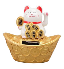 Maneki Neko animé 100% solaire Koban sur un gros lingot BLANC h11cm (Bonheur)