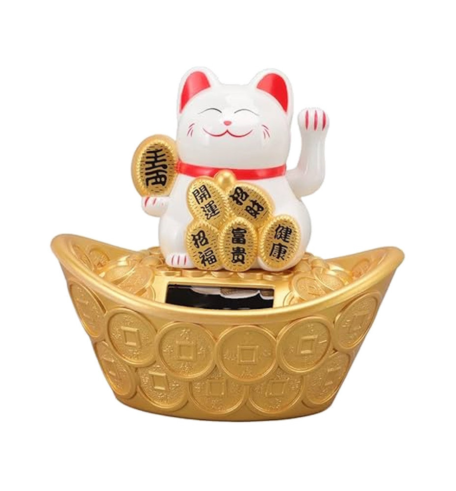 Maneki Neko animé 100% solaire Koban sur un gros lingot BLANC h11cm (Bonheur)