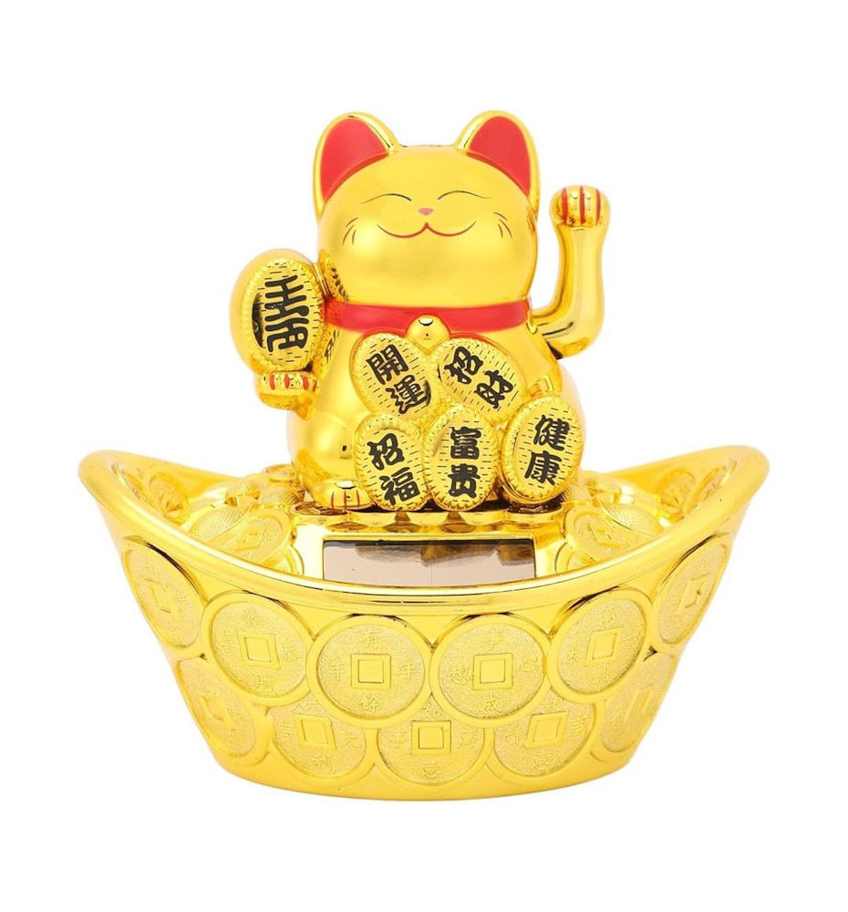 Maneki Neko animé 100% solaire Koban sur un gros lingot DORé h11cm (Richesse)