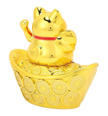 Maneki Neko animé 100% solaire Koban sur un gros lingot DORé h11cm (Richesse)