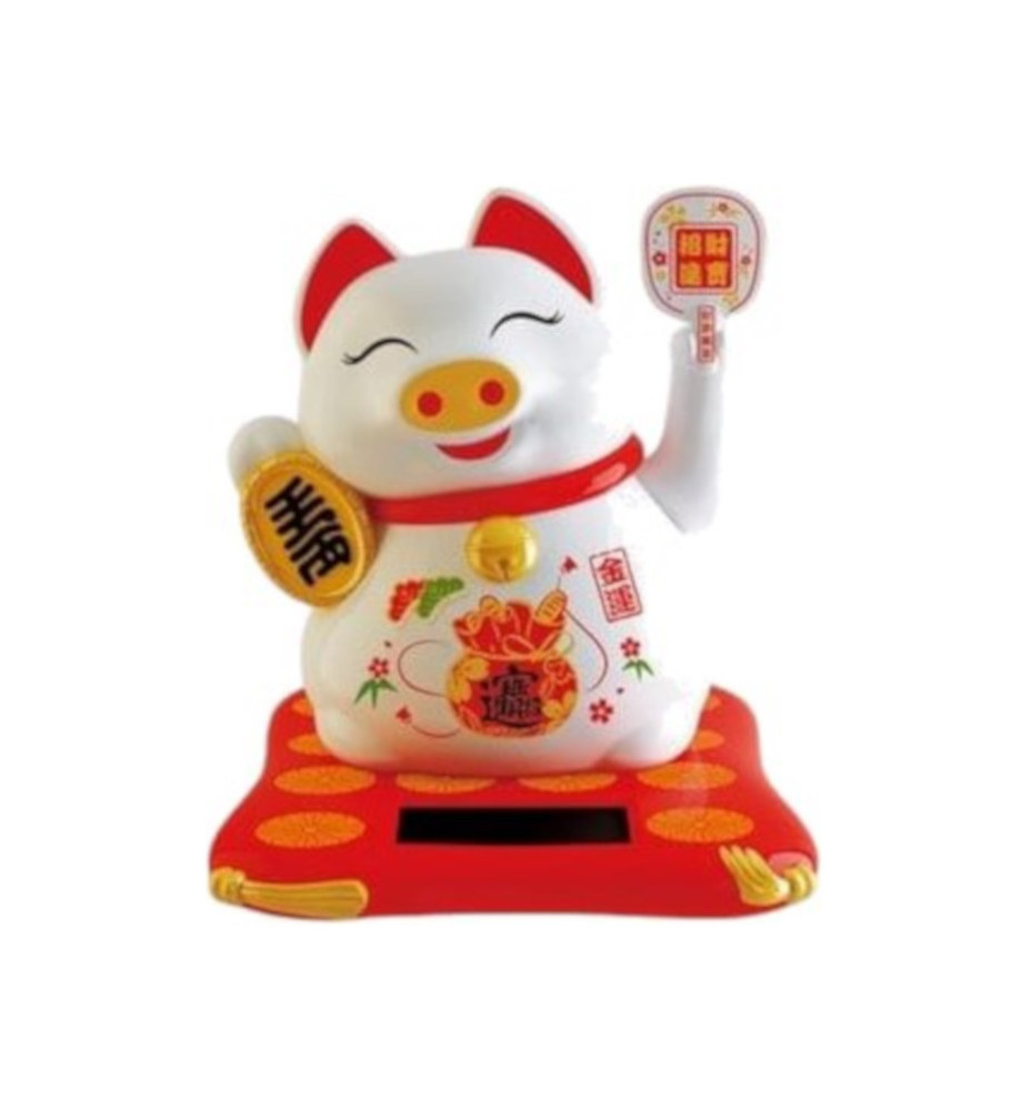 Cochon animé sur un coussin rouge 100% solaire EVENTAiL Blanc h7cm (Richesse)