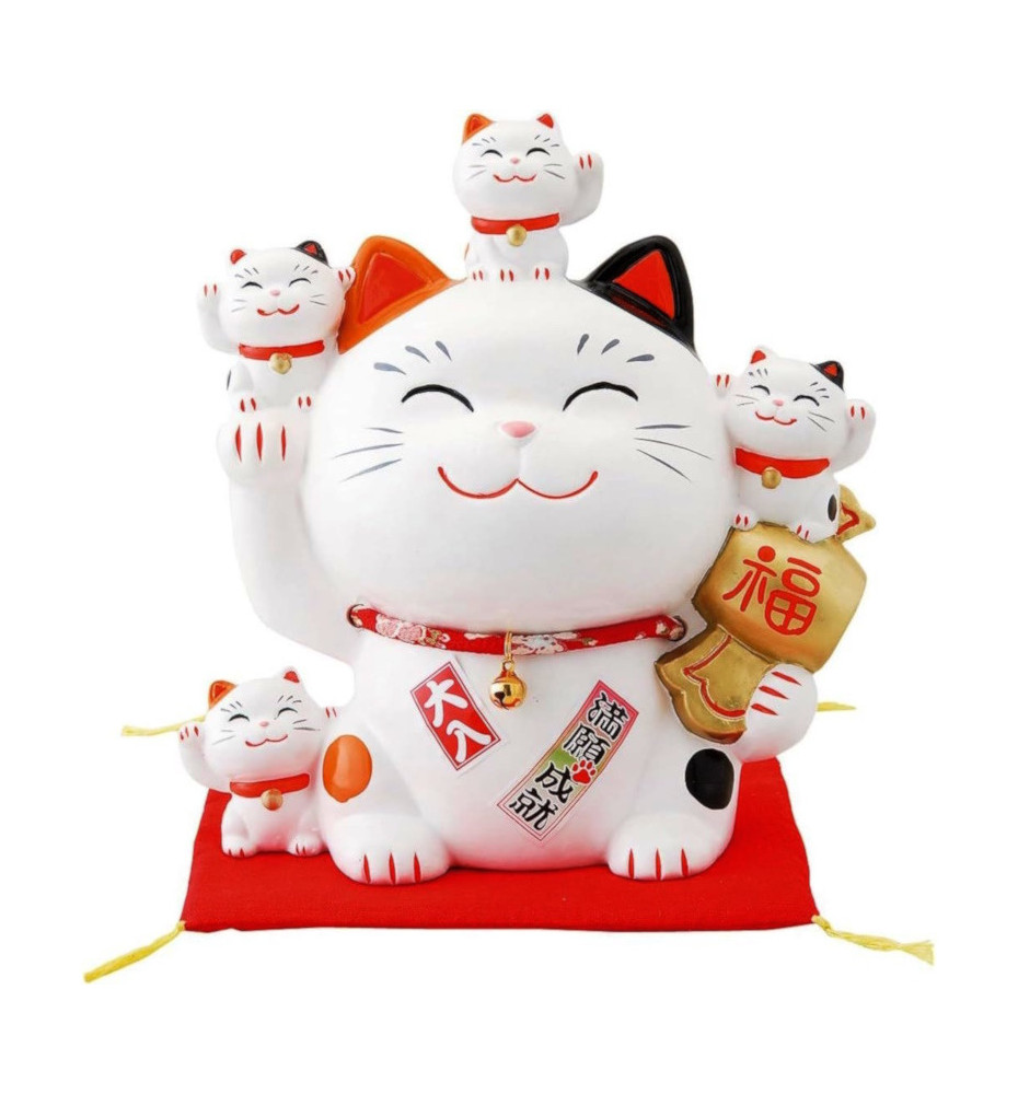 Tirelire Famille 5 Maneki Neko calico en céramique avec le Maillet de la Fortune (Bonheur et Richesse) h18cm