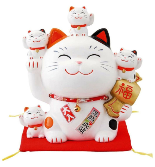 Tirelire Famille 5 Maneki Neko calico en céramique avec le Maillet de la Fortune (Bonheur et Richesse) h18cm