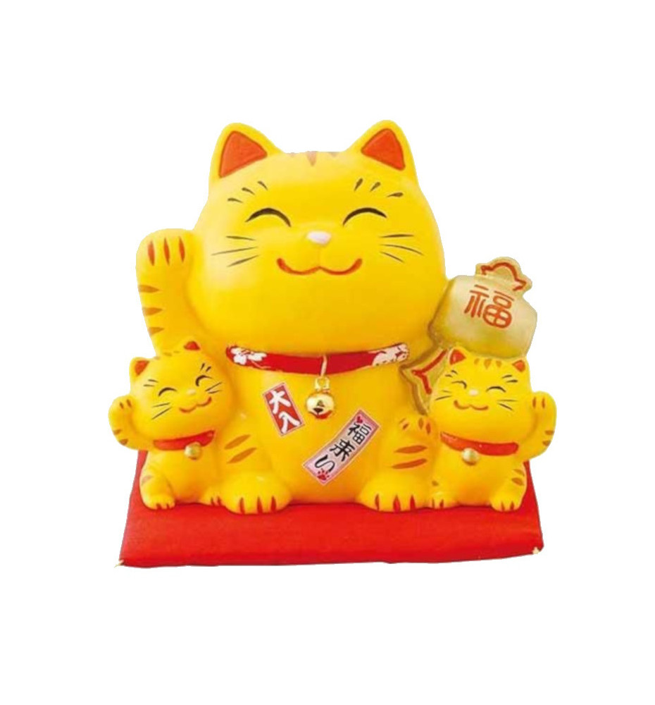 Tirelire Famille 3 Maneki Neko Tigré Jaune en céramique avec le Maillet de la Fortune doré (Bonheur et Richesse) h12cm
