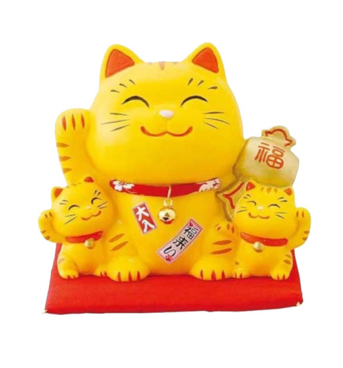 Tirelire Famille 3 Maneki Neko Tigré Jaune en céramique avec le Maillet de la Fortune doré (Bonheur et Richesse) h12cm