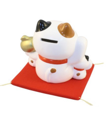 Tirelire Famille 3 Maneki Neko Calico en céramique avec le Maillet de la Fortune doré (Bonheur et Richesse) h12