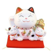 Tirelire Famille 3 Maneki Neko Calico en céramique avec le Maillet de la Fortune doré (Bonheur et Richesse) h12