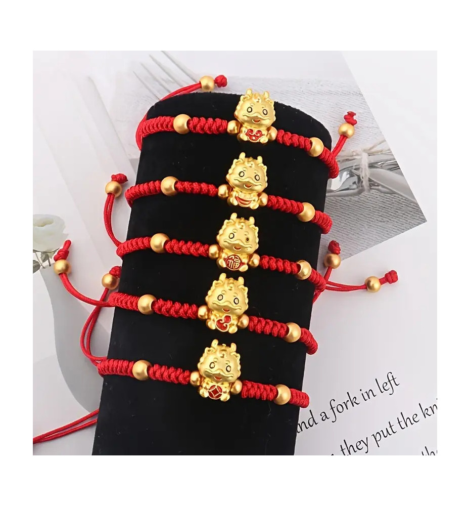 Bracelet rouge tressé ajustable PETiT DRAGON doré
