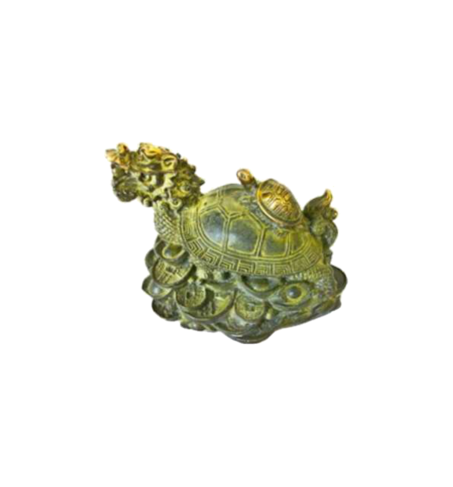 Dragon-tortue sur pièces et lingots vert-de-gris en bronze L12xh10cm