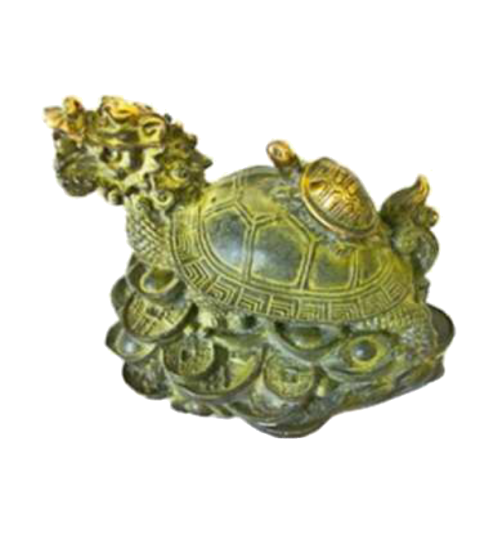 Dragon-tortue sur pièces et lingots vert-de-gris en bronze L12xh10cm