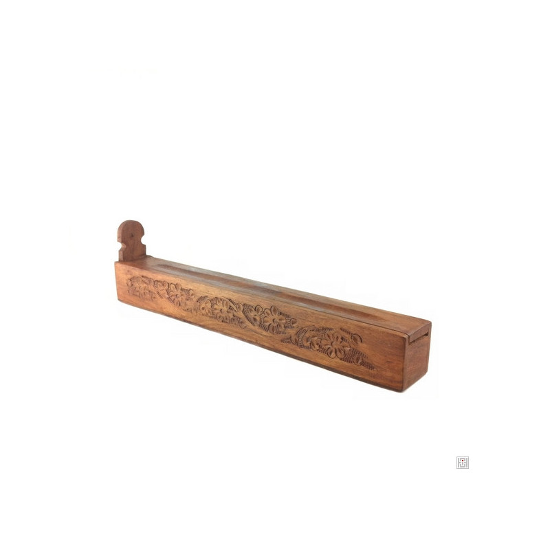 Porte-encens long avec réservoir en bois sculpté FEUiLLES (L26.5cm)