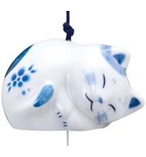 Carillon à vent japonais, fuurin en porcelaine blanc bleu Maneki neko ENdORMi (h5.5cm)