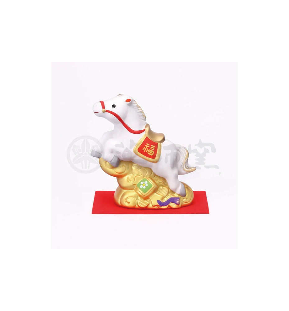 Figurine Zodiaque ChEVAL 2025 blanc GALOP sur nuage et maillet d'or en argile (L9*h9.5*p4.5cm)