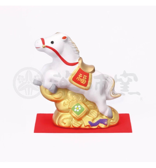 Figurine Zodiaque ChEVAL 2025 blanc GALOP sur nuage et maillet d'or en argile (L9*h9.5*p4.5cm)