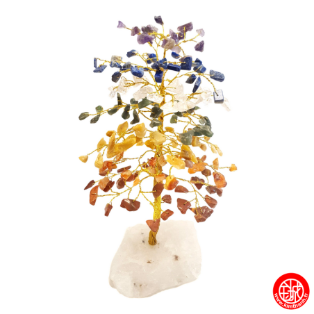 Arbre de Fortune 7 Chakras 200 pierres fines sur socle en quartz h20cm