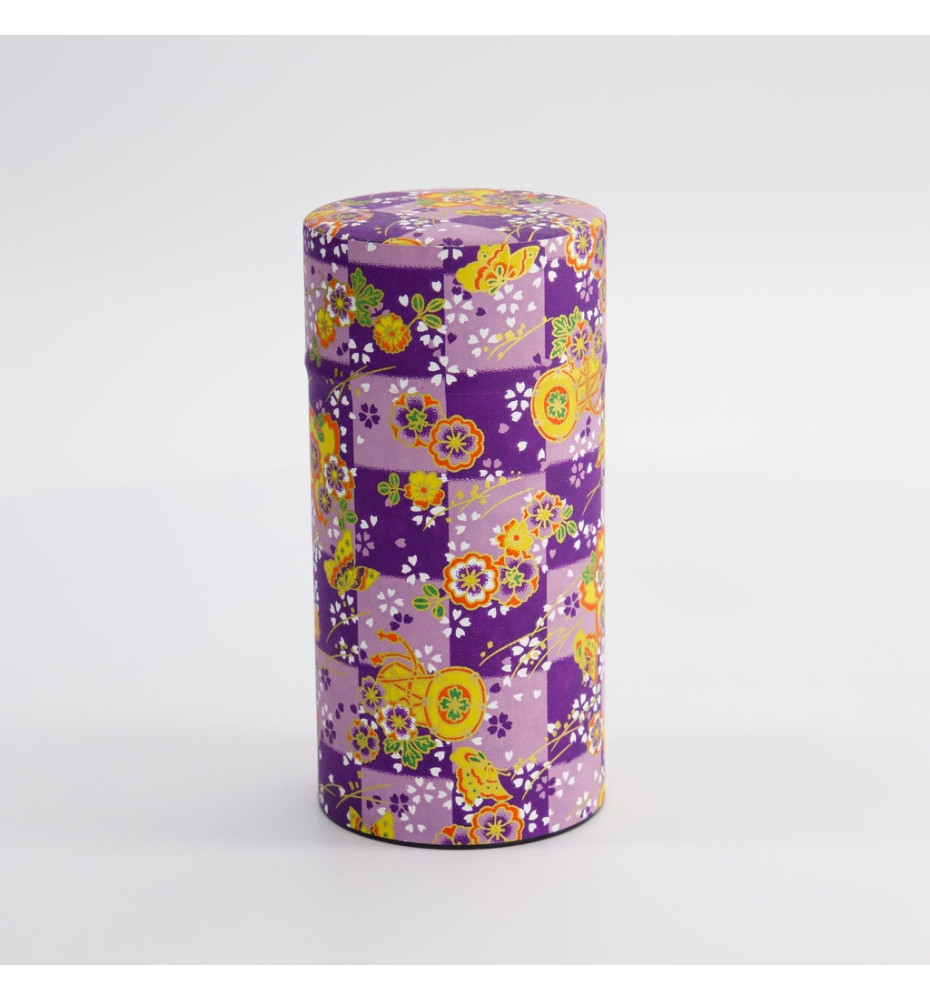 Boîte à thé japonaise (chazutsu) papier washi DAMiER ViOLET FLEURS et PAPiLLONS (200g)