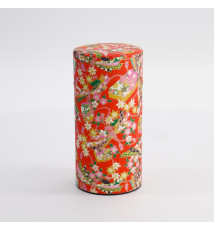 Boîte à thé japonaise (chazutsu) papier washi ROUGE RUBANS et FLEURS (200g)
