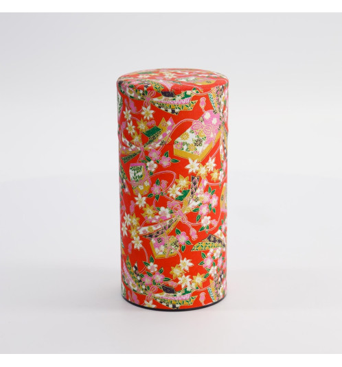 Boîte à thé japonaise (chazutsu) papier washi ROUGE RUBANS et FLEURS (200g)