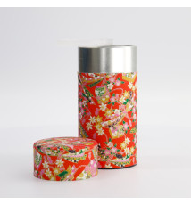 Boîte à thé japonaise (chazutsu) papier washi ROUGE RUBANS et FLEURS (200g)