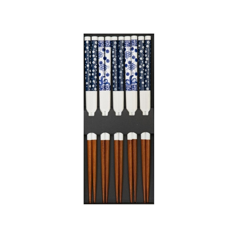 Boîte de 5 baguettes japonaises assorties HANA blanc bleu