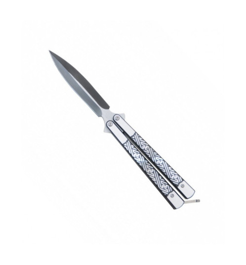 Couteau papillon Balisong gris,  lame noire, manche losanges moirés