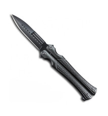 Couteau papillon Balisong noir lame ajourée, manche ceintré