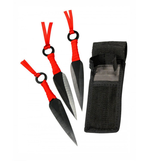 Set 3 Kunai noirs en acier inox tressages rouges avec étui en cordura noir