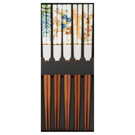 Boîte de 5 baguettes japonaises en bambou HANA blanc assorties 21cm
