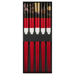 Boîte de 5 baguettes japonaises en bambou rouge bout noir et or assorties 21cm