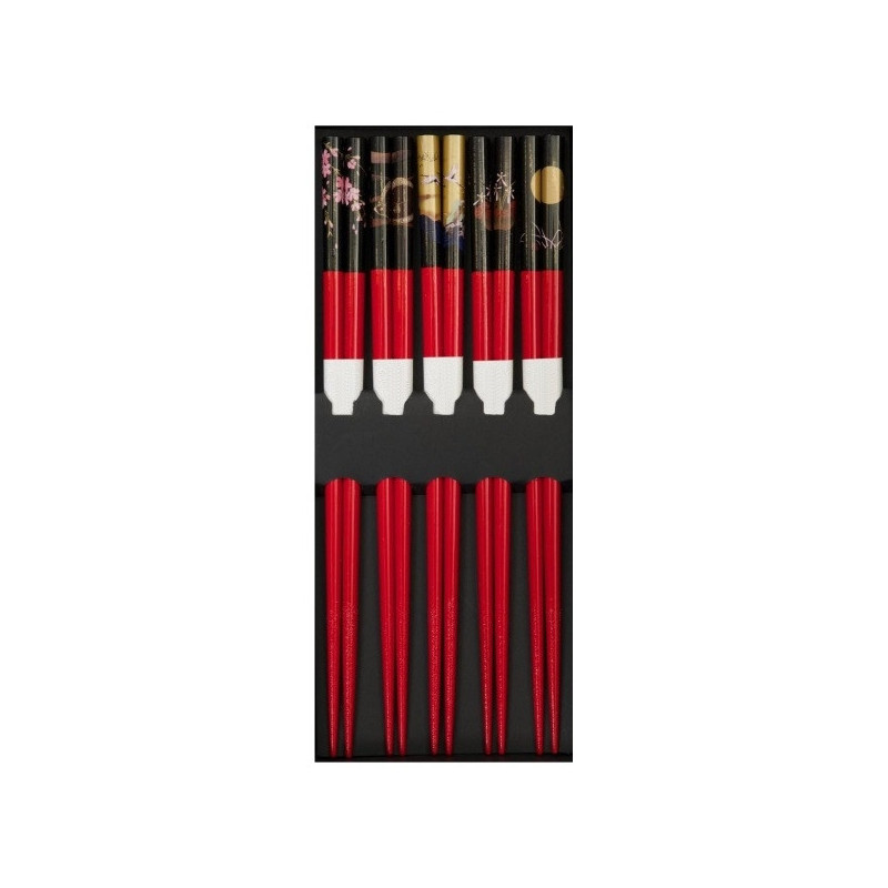 Boîte de 5 baguettes japonaises en bambou rouge bout noir et or assorties 21cm