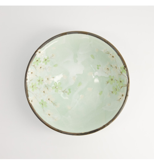 Bol à soupe ramen en porcelaine japonaise vert pâle SAKURA blanc et vert en demi-relief (d20cm)