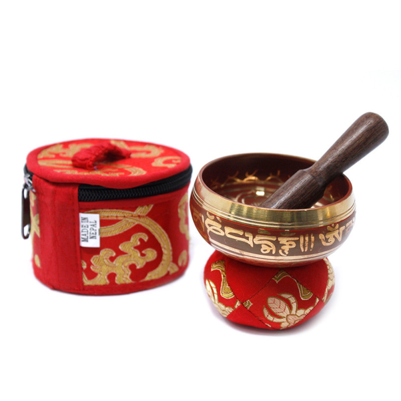 Coffret bol chantant népalais rouge 8x6cm avec coussin rond