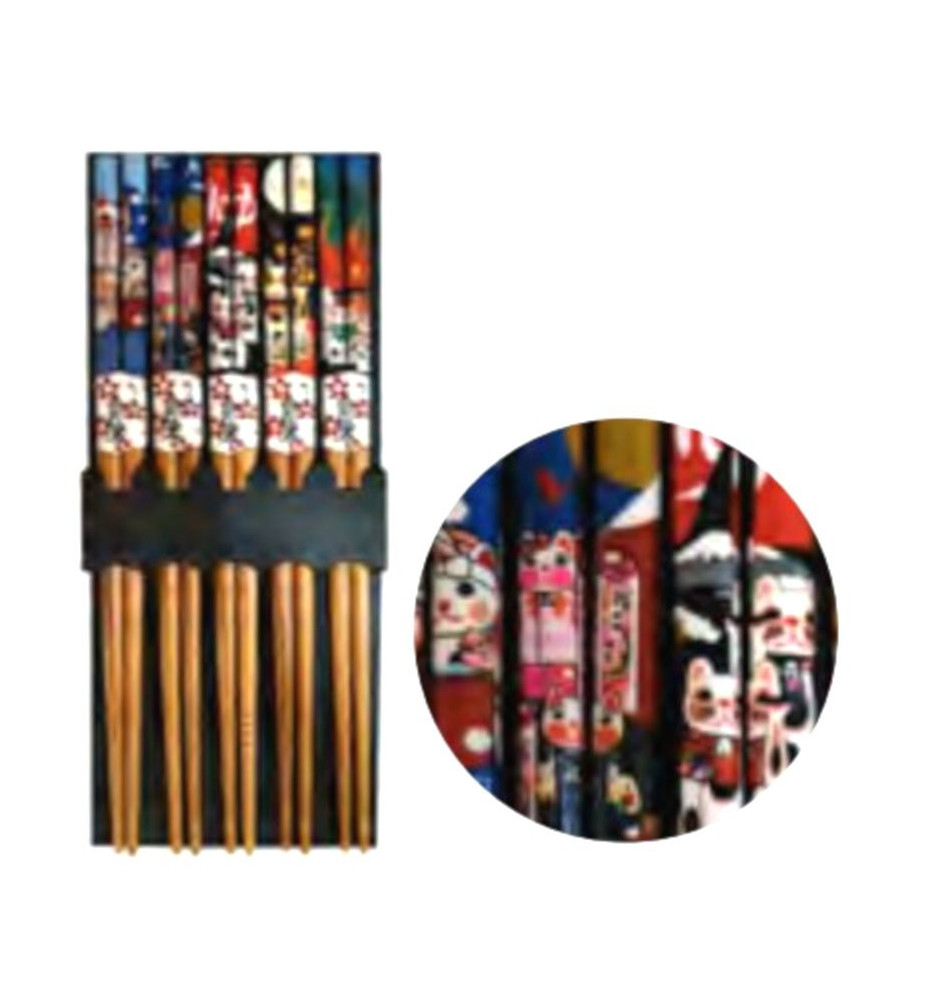 Set de 5 baguettes japonaises assorties en bambou Famille Maneki neko 21cm