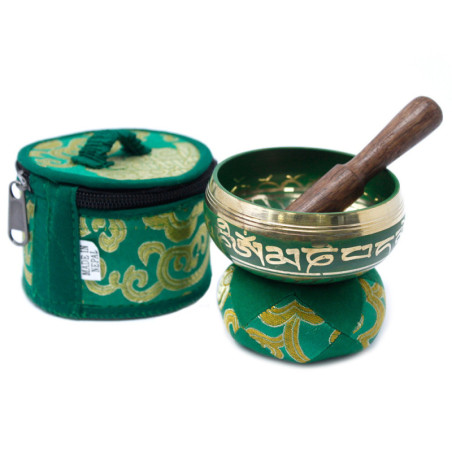 Coffret bol chantant népalais vert 8x6cm avec coussin rond