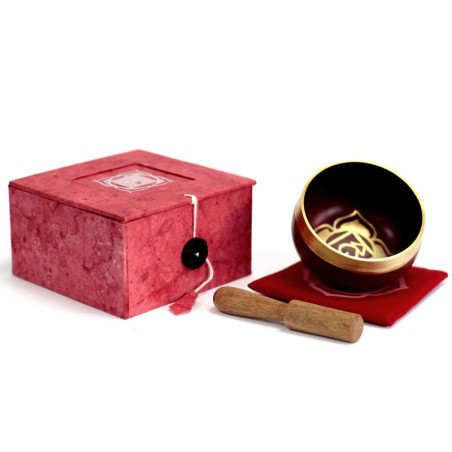 Coffret bol chantant indien rouge 8x6cm avec coussin carré