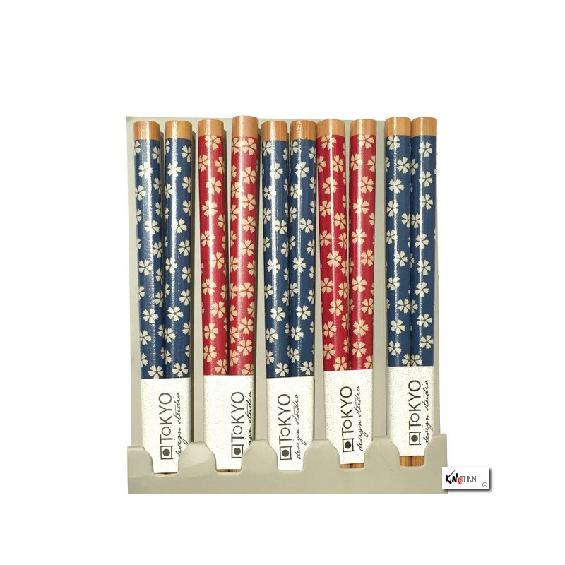 Set de 5 baguettes japonaises en bambou SAKURA rouge et bleu assorties 21cm