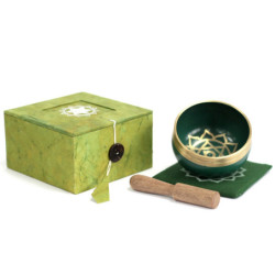 Coffret bol chantant indien vert 8x6cm avec coussin carré