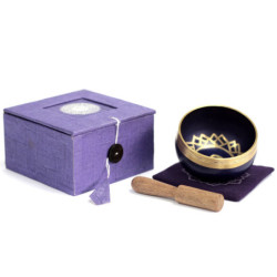 Coffret bol chantant indien violet 8x6cm avec coussin carré