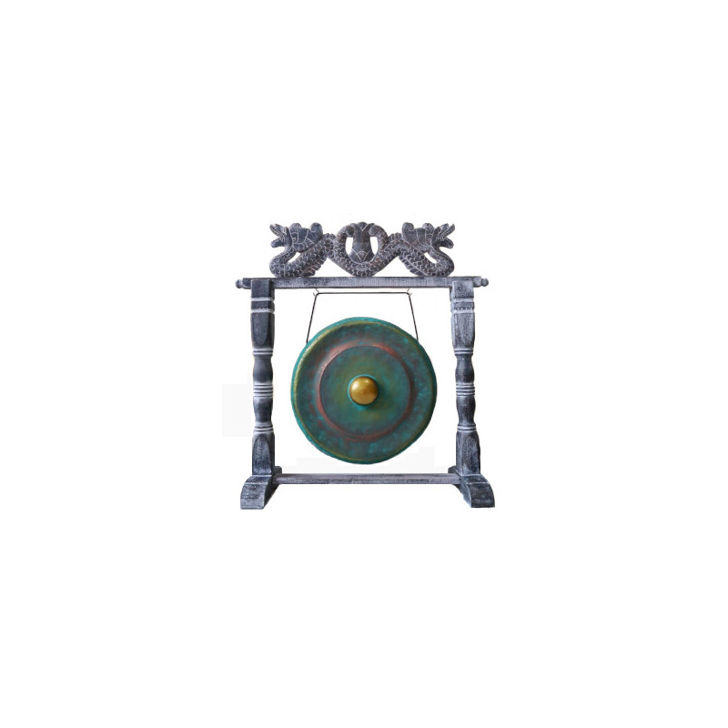 Gong Balinais en laiton vert-de-gris 25cm avec support cadre en bois d'albasia Double Dragon L42xh53cm