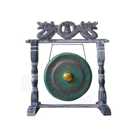 Gong Balinais en laiton vert-de-gris 25cm avec support cadre en bois d'albasia Double Dragon L42xh53cm