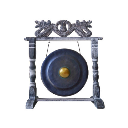 Gong Balinais en laiton noir et or 35cm avec support cadre en bois d'albasia Double Dragon