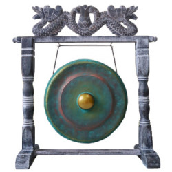 Gong Balinais en laiton vert-de-gris 35cm avec support cadre en bois d'albasia Double Dragon